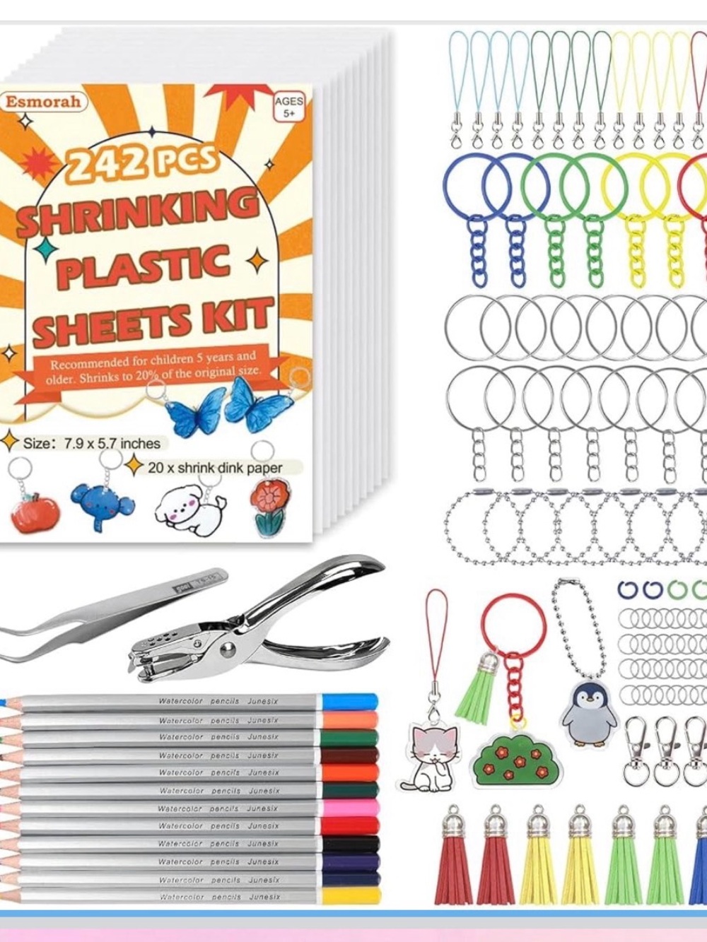 242pc Shrink Plastic Shrinky Dink Keychain Craft Kit NEW